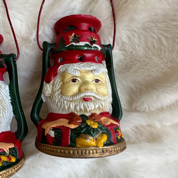 2 Ceramic Santa Head Votive Candle Holder Lanterns Handle Christmas Tea Light - Picture 7 of 11